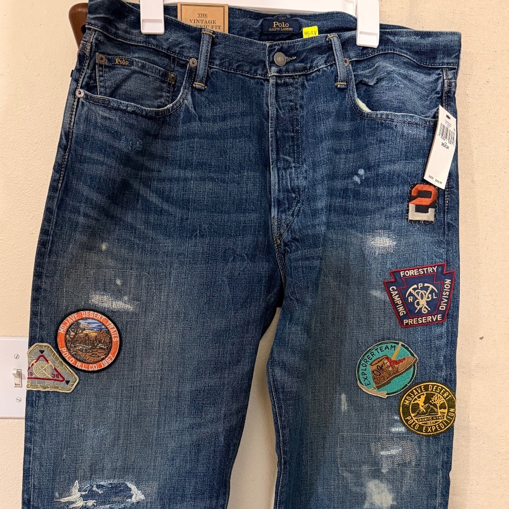 POLO RALPH LAUREN Vintage Classic Fit Blue Jeans Expedition Patches 36 X 34 NWT